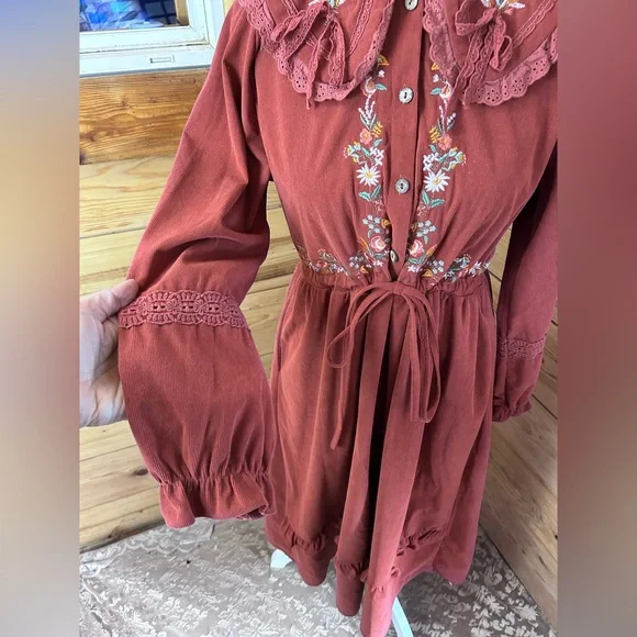 Vintage Rust Long Sleeve Maxi Dress Floral Embroidery Corduroy Lace Womens Large - Picture 4 of 10